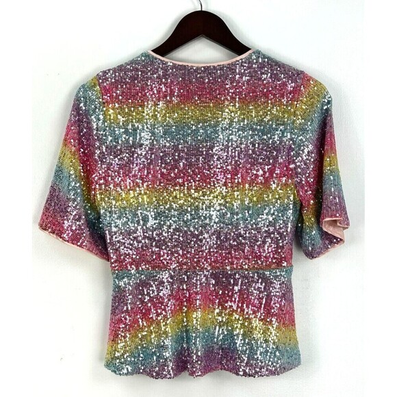 Modcloth Womens Size M Wrap Rainbow Peplum Top Blouse Sequin Surplice Party E1 - Picture 3 of 12